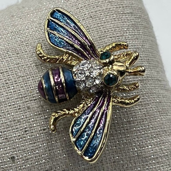 Bumble Bee Multicolor Blue Purple‎ Enamel Gold Tone Brooch - Picture 8 of 13
